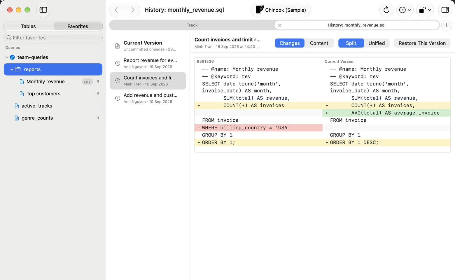 Sidebar with M and U letters beside linked files, next to a history tab listing three commits and a split diff