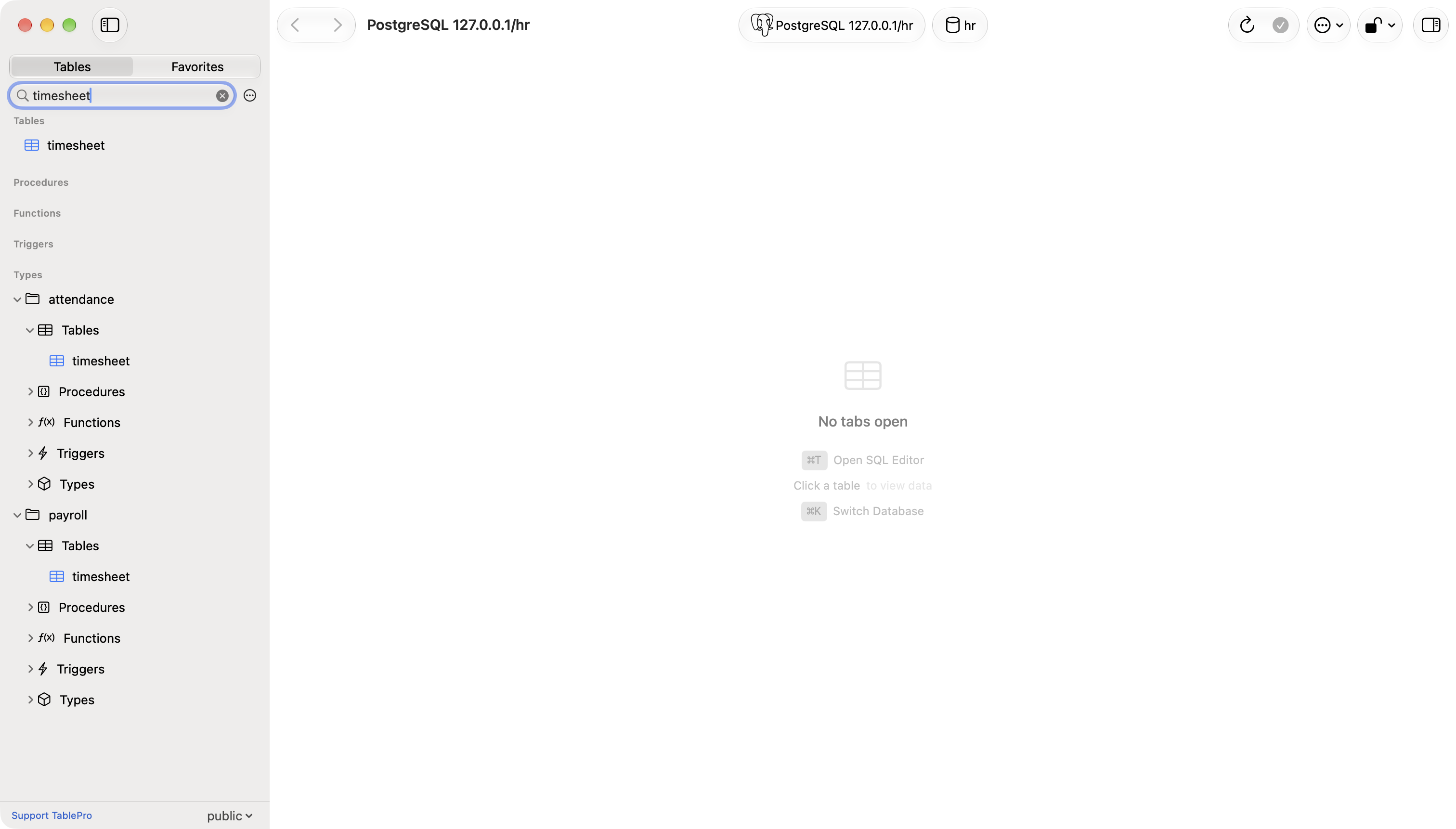 Sidebar with timesheet in public at the top, and attendance and payroll below it, each opened to its timesheet table
