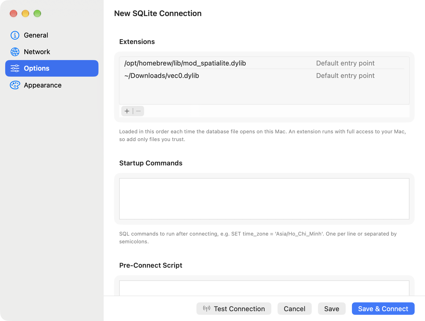 The Options pane of a new SQLite connection. The Extensions list holds /opt/homebrew/lib/mod_spatialite.dylib above ~/Downloads/vec0.dylib, each row's entry point field reads Default entry point, and the add and remove buttons sit under the list