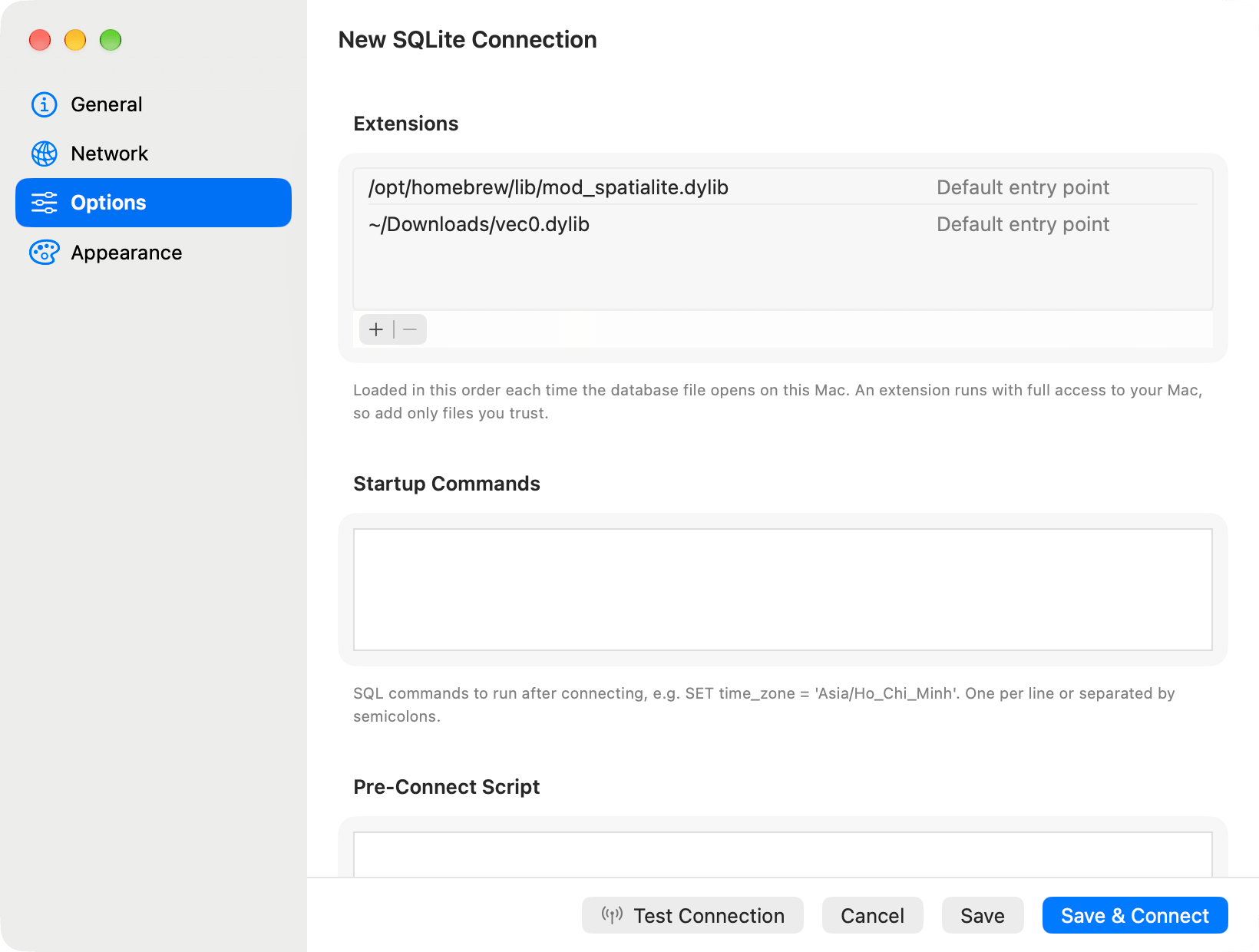 The Options pane of a new SQLite connection. The Extensions list holds /opt/homebrew/lib/mod_spatialite.dylib above ~/Downloads/vec0.dylib, each row's entry point field reads Default entry point, and the add and remove buttons sit under the list