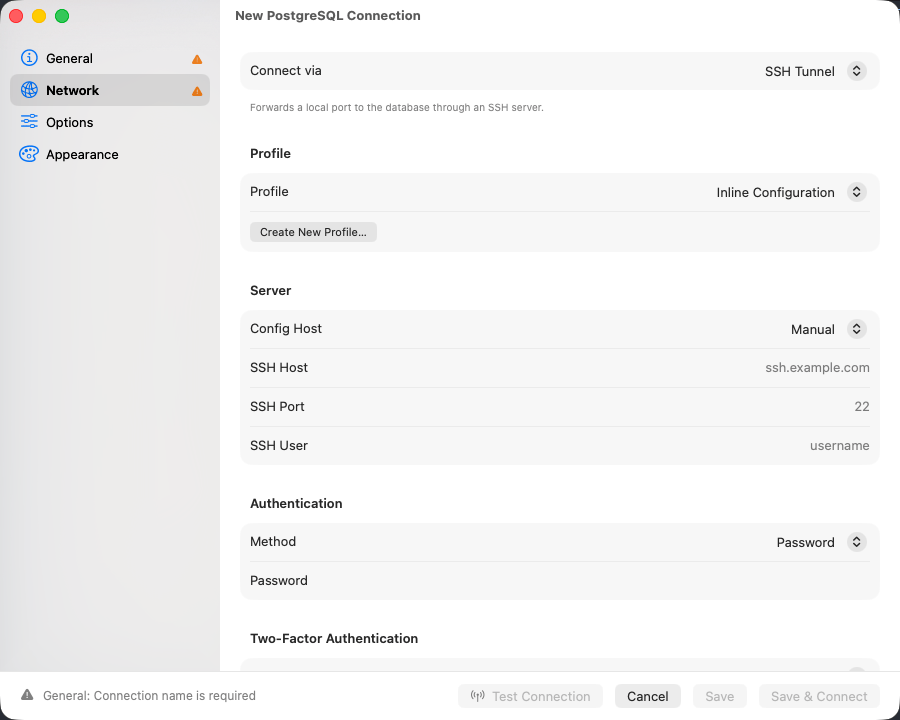 Network section with SSH Tunnel selected and a saved profile in the Profile picker