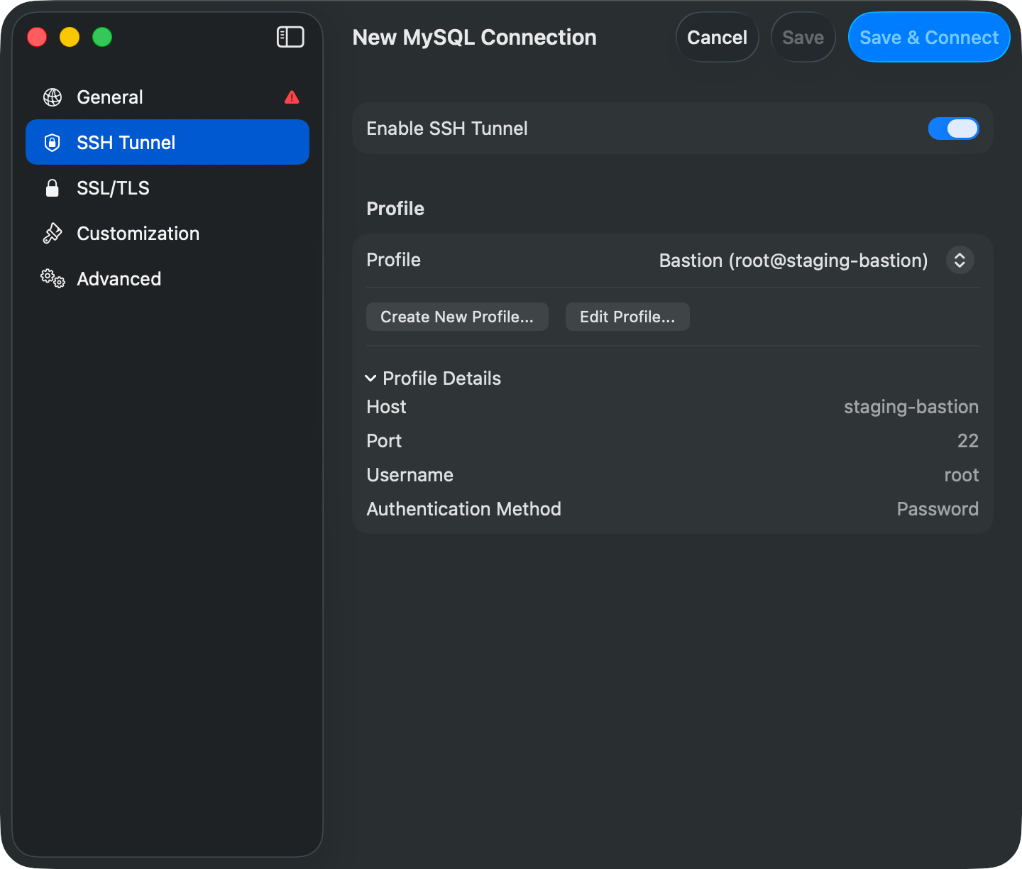 SSH Tunnel pane with a saved profile selected