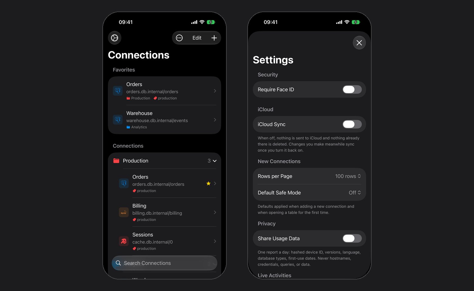 Connections grouped under Favorites and a Production folder, next to Settings with Security, iCloud and New Connections sections