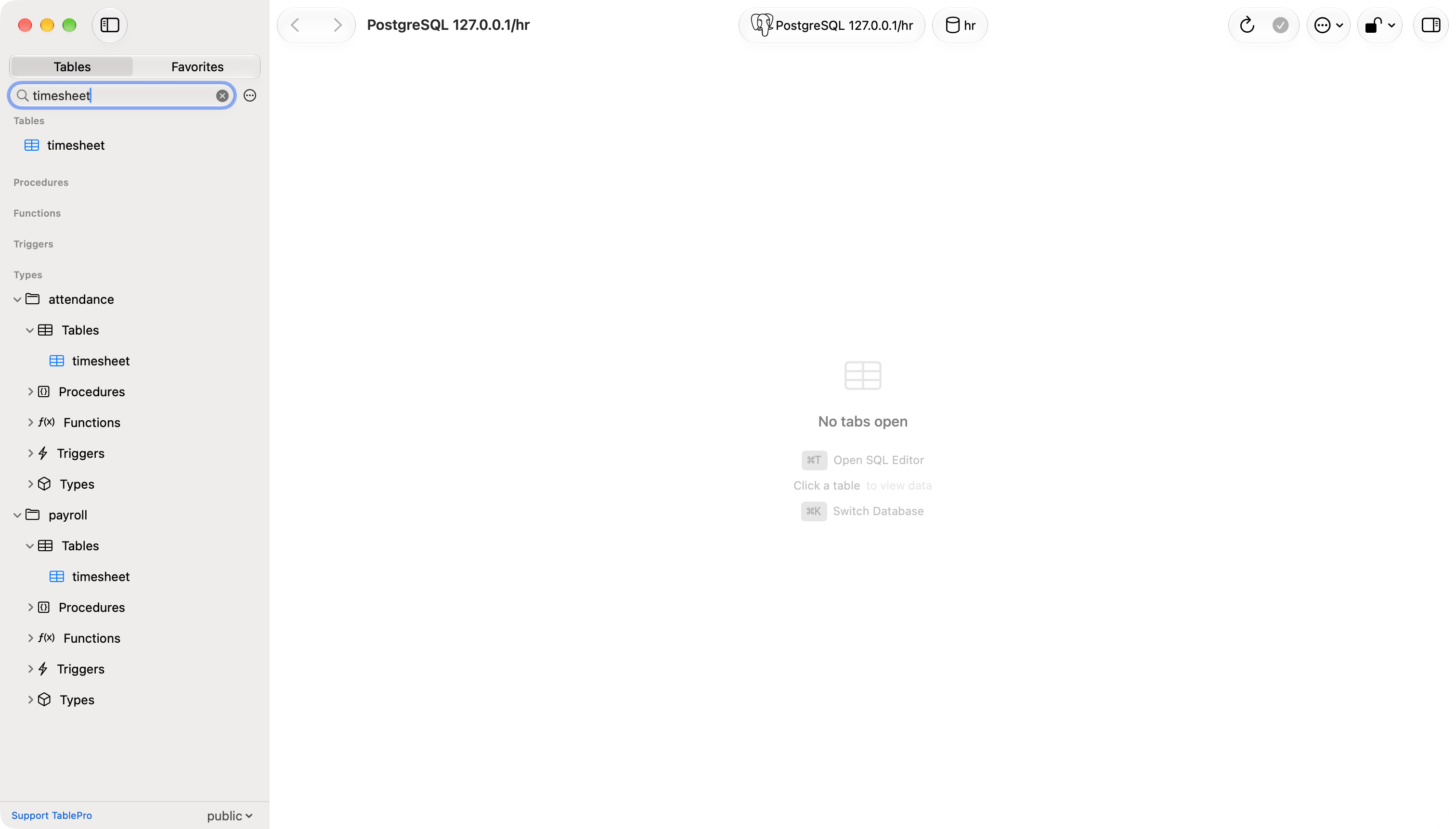 Sidebar with timesheet in public at the top, and attendance and payroll below it, each opened to its timesheet table