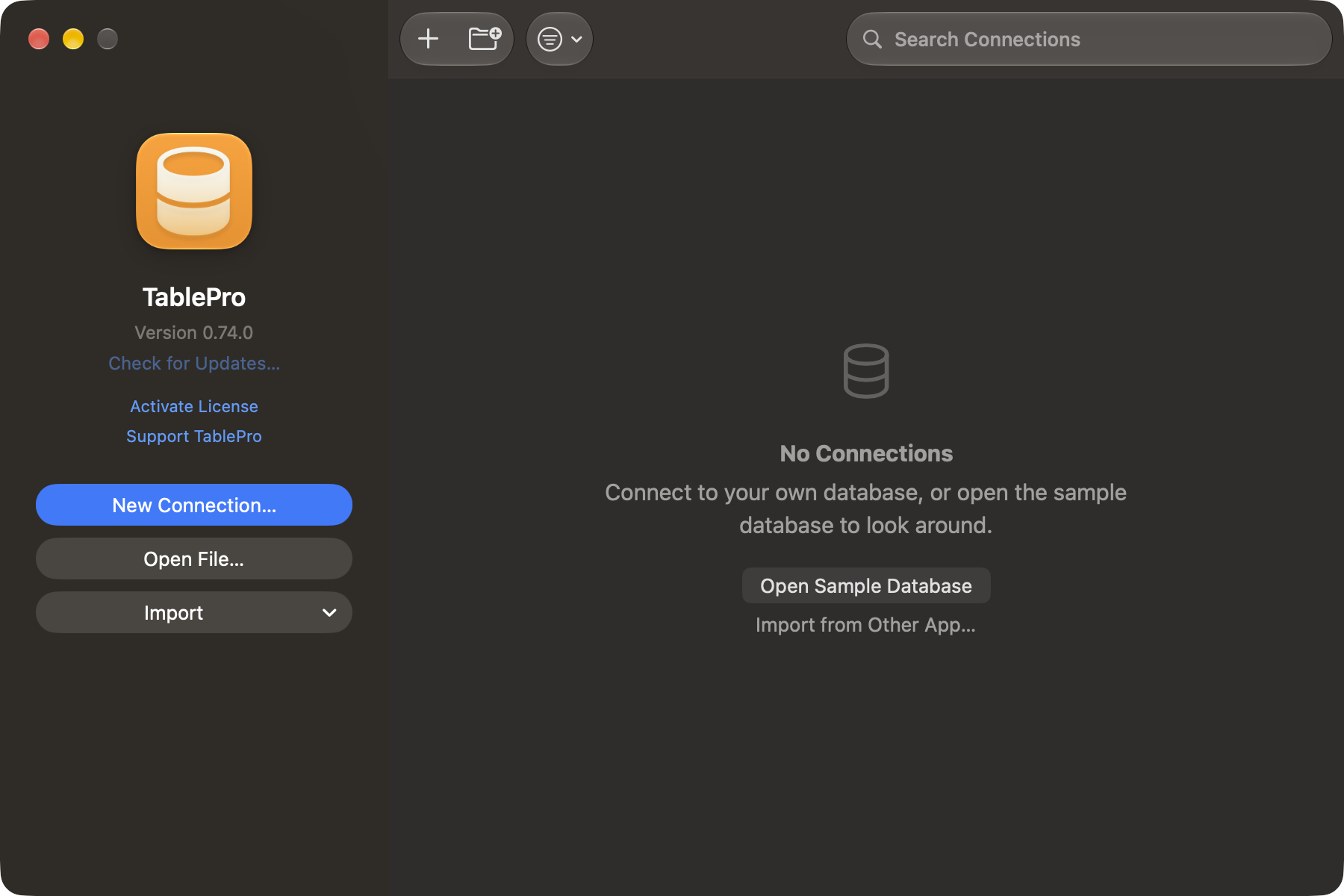 Welcome window with New Connection, Open File and Import on the left, and a search field over an empty connection list offering the sample database