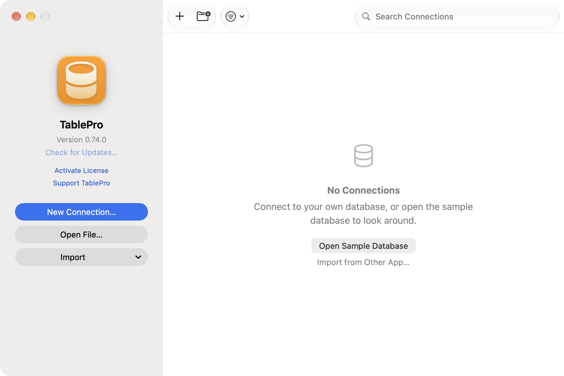 Welcome window with New Connection, Open File and Import on the left, and a search field over an empty connection list offering the sample database
