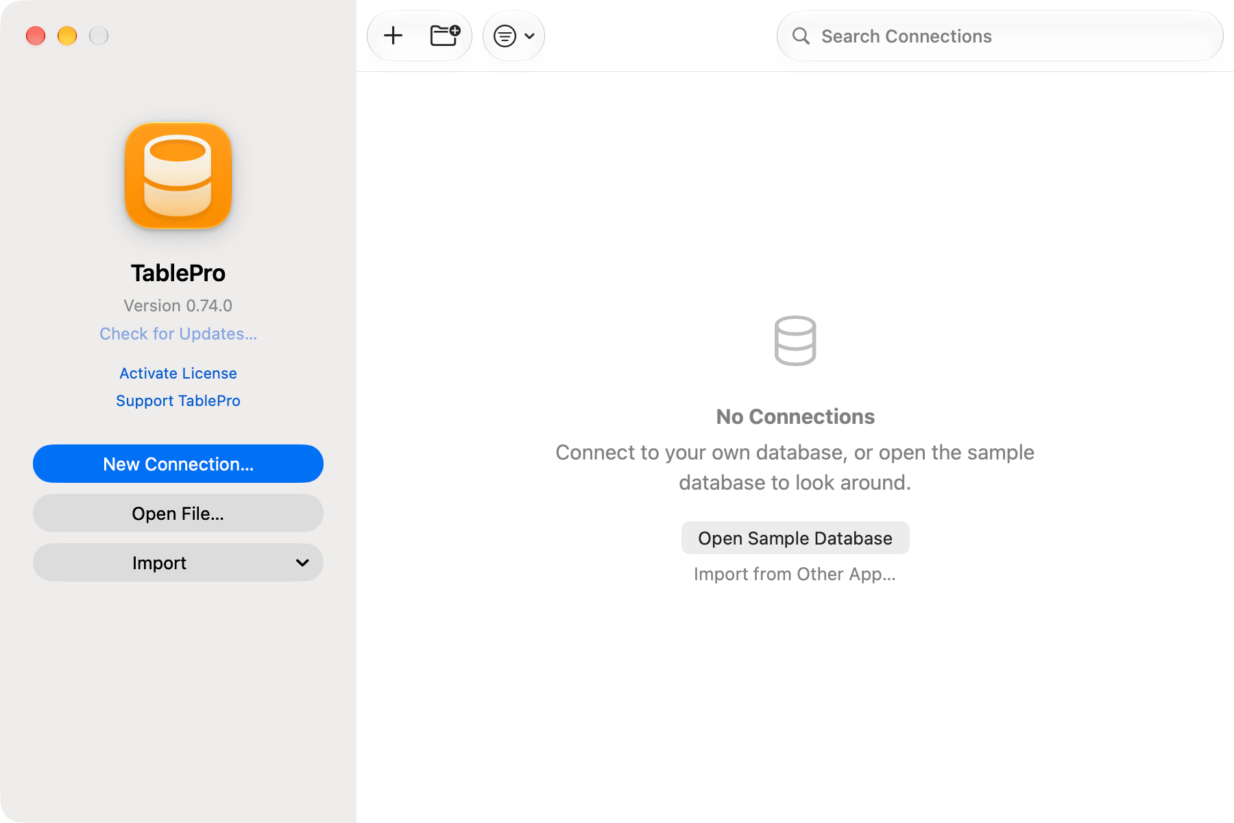 Welcome window with New Connection, Open File and Import on the left, and a search field over an empty connection list offering the sample database