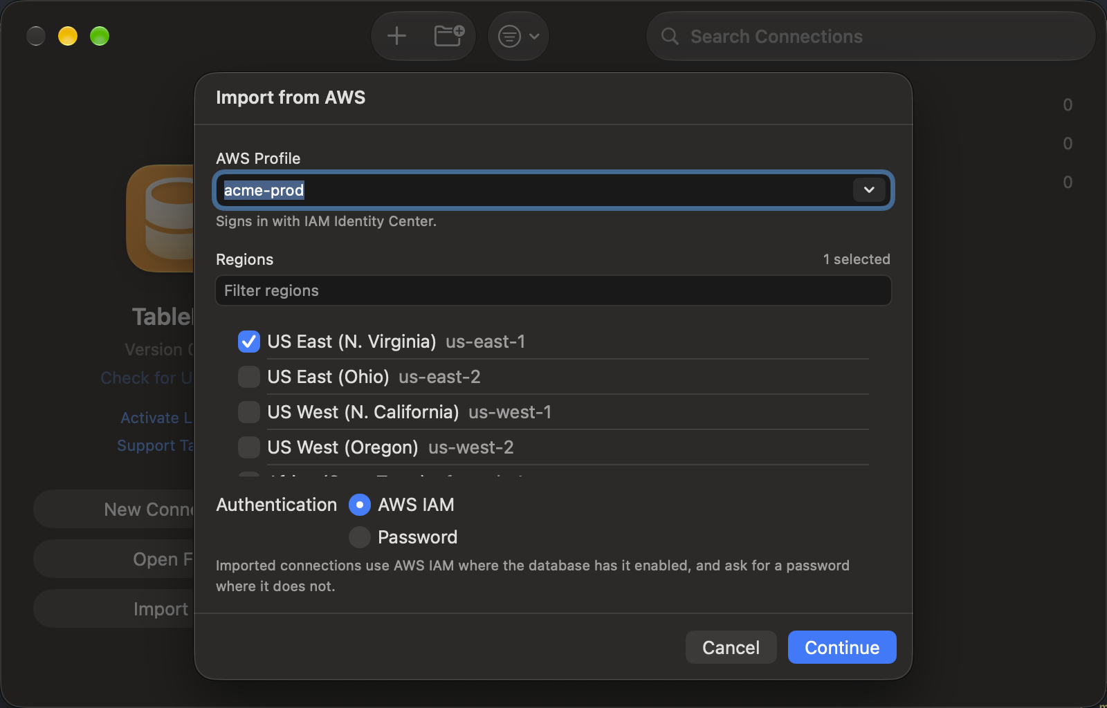 Import from AWS sheet, profile acme-prod, us-east-1 checked, Authentication set to AWS IAM