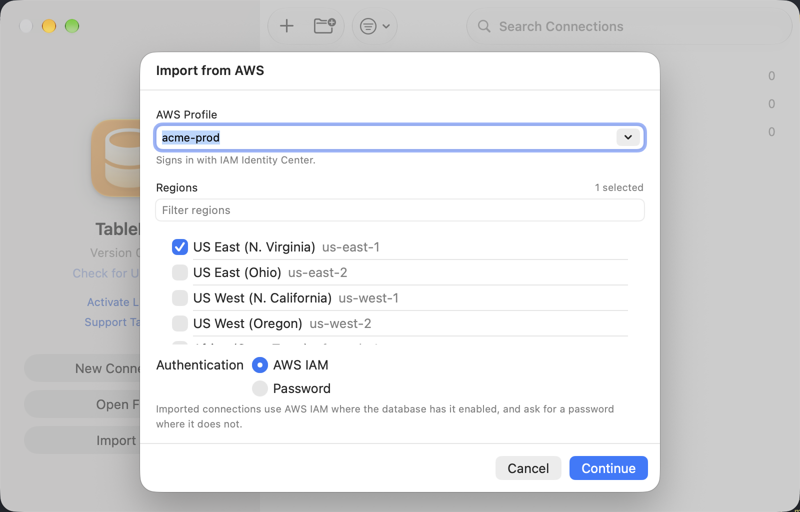 Import from AWS sheet, profile acme-prod, us-east-1 checked, Authentication set to AWS IAM
