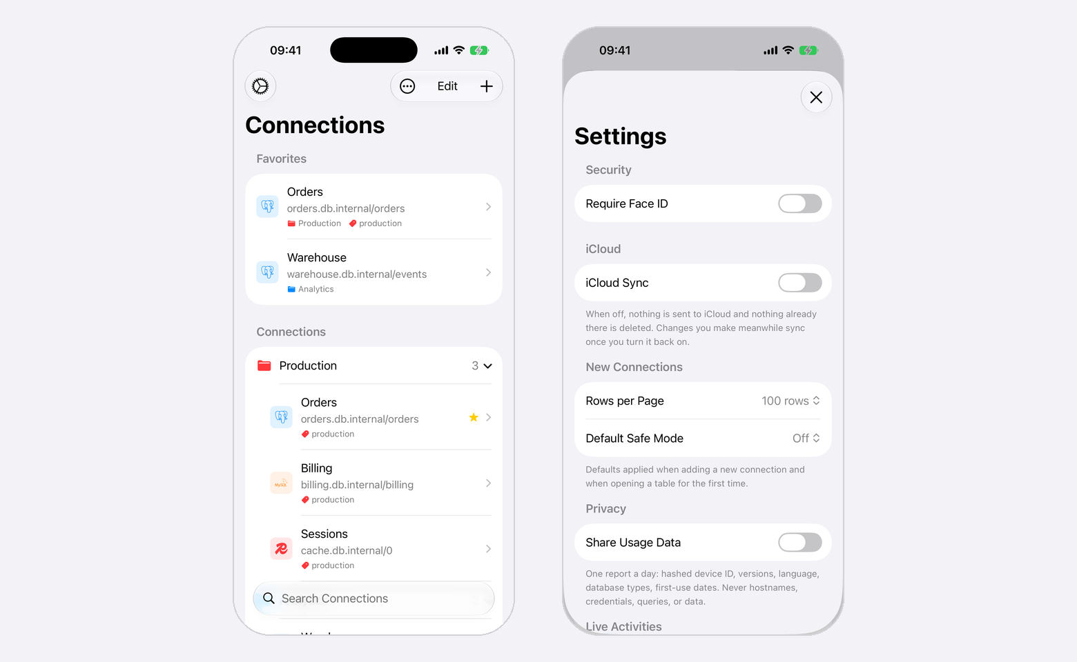 Connections grouped under Favorites and a Production folder, next to Settings with Security, iCloud and New Connections sections