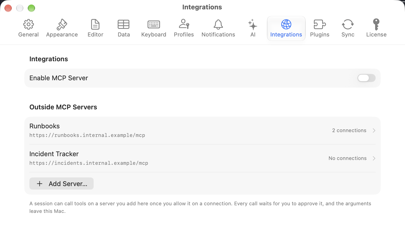 Settings pane listing a server with its address and how many connections it reaches