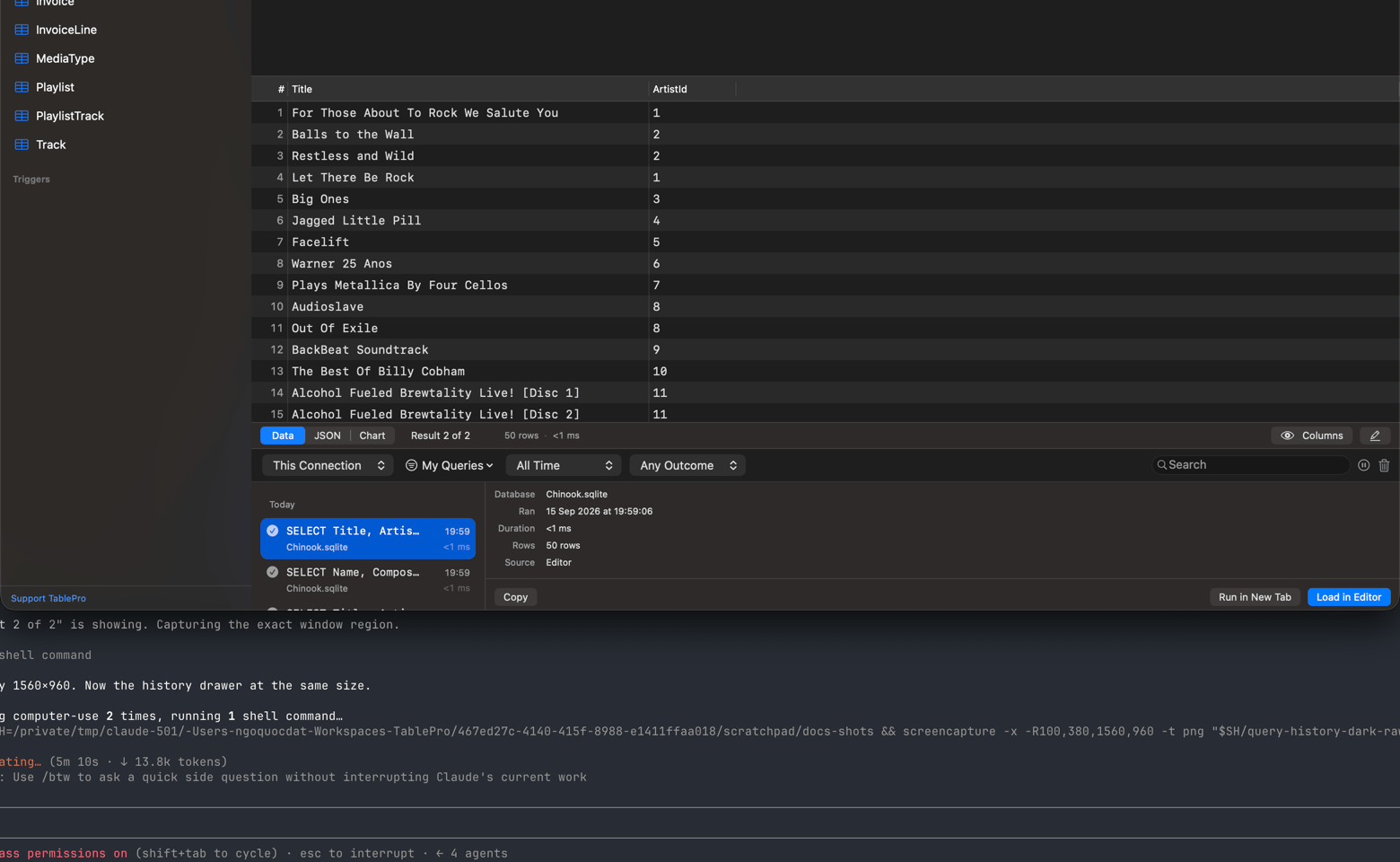 Query history drawer