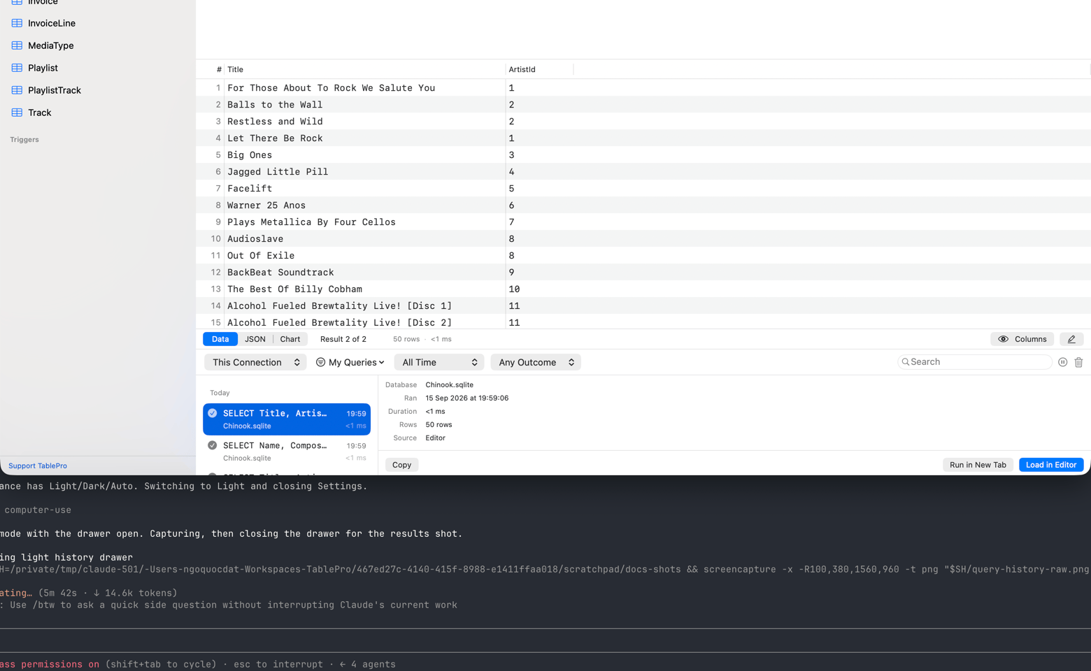 Query history drawer