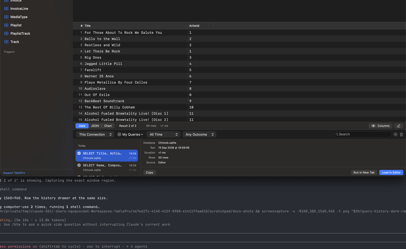 Query history drawer