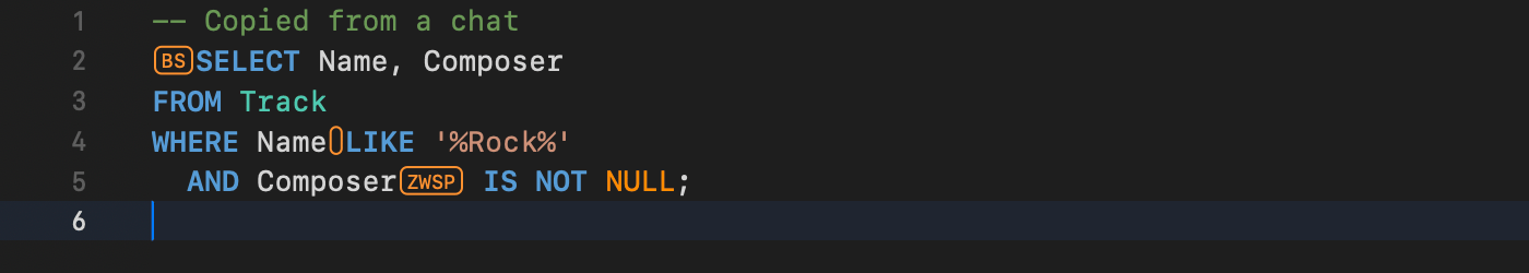 SQL editor with an orange BS box at the start of line 2, an outlined space on line 4 and a ZWSP box on line 5