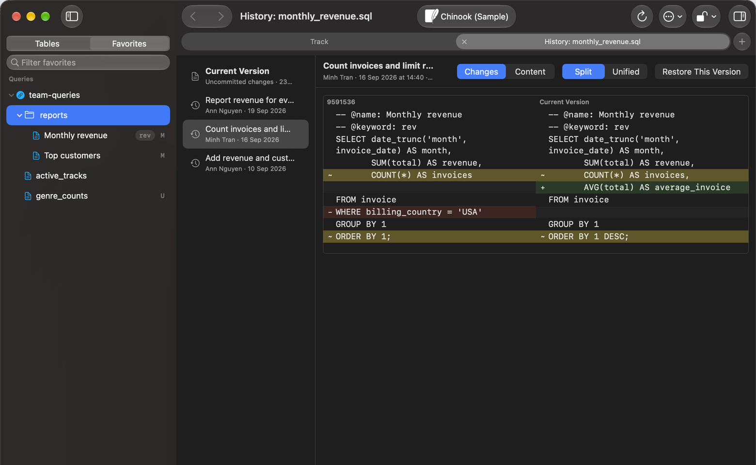 Sidebar with M and U letters beside linked files, next to a history tab listing three commits and a split diff