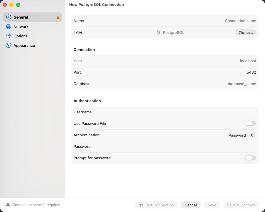 Connection editor with a General, Network, Options and Appearance sidebar, credential fields filling the pane, and Test, Cancel and Save along the bottom