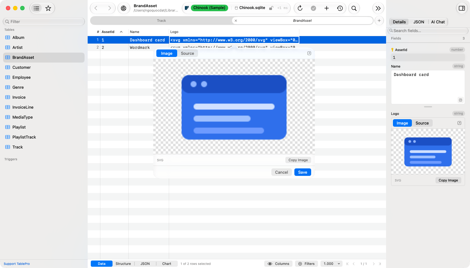 A cell popover and the row inspector each drawing an SVG logo on a transparency checkerboard, both showing Image and Source segments