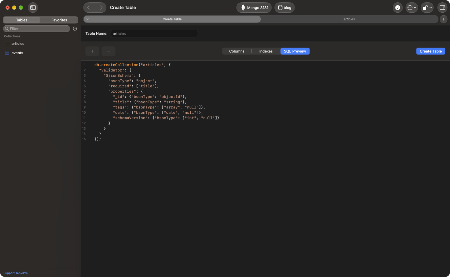 SQL Preview tab of Create Table showing db.createCollection for articles with a $jsonSchema listing _id, title, tags, date and schemaVersion