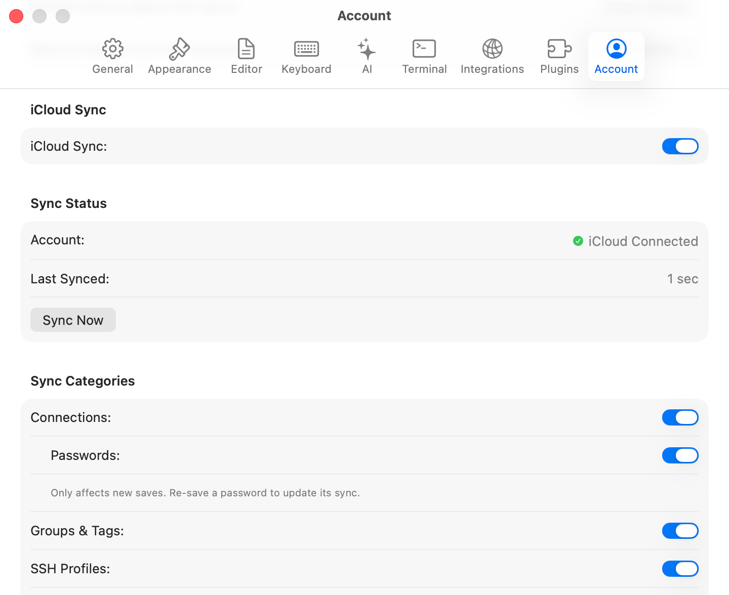 iCloud Sync settings