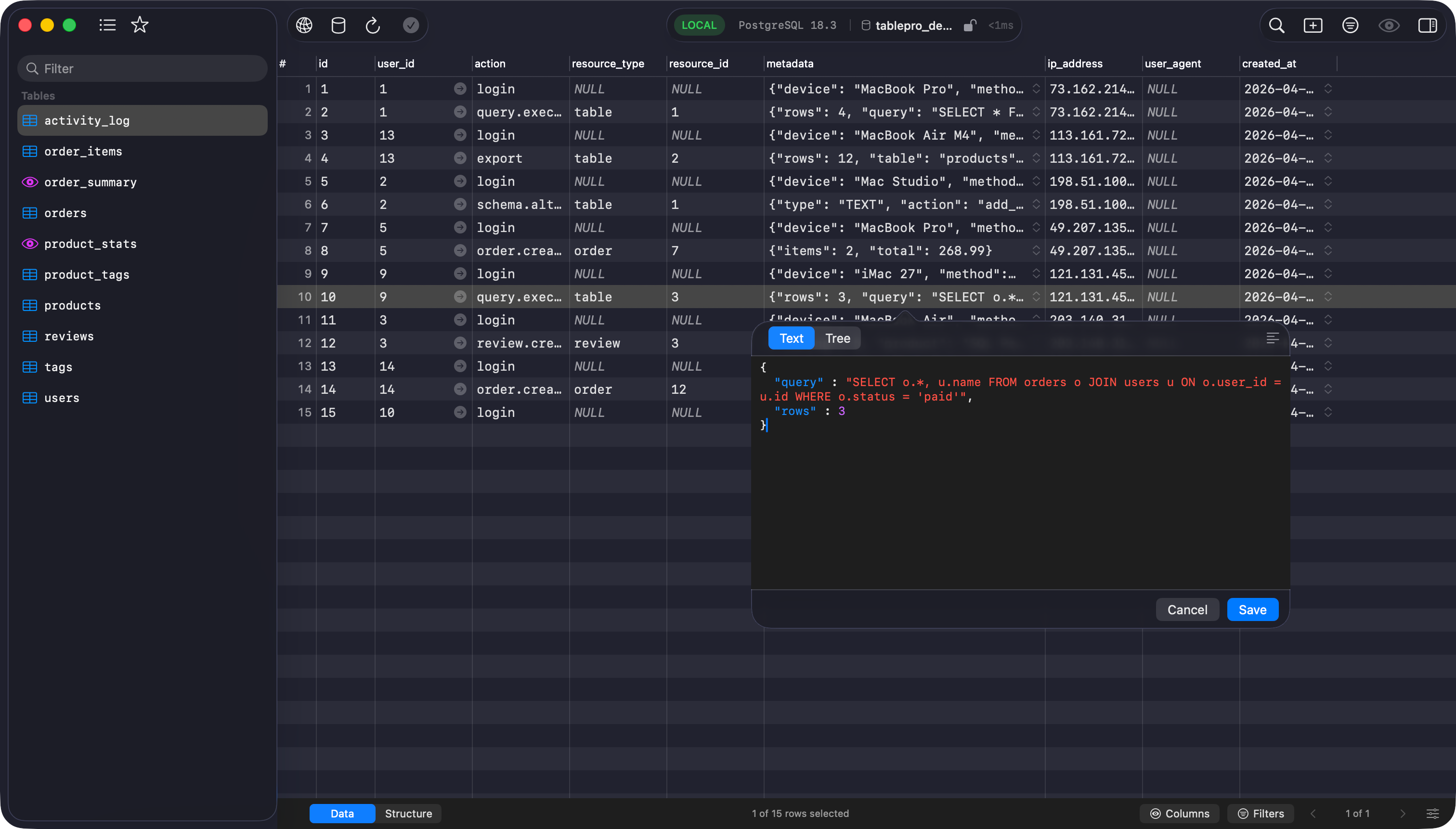 JSON editor popover