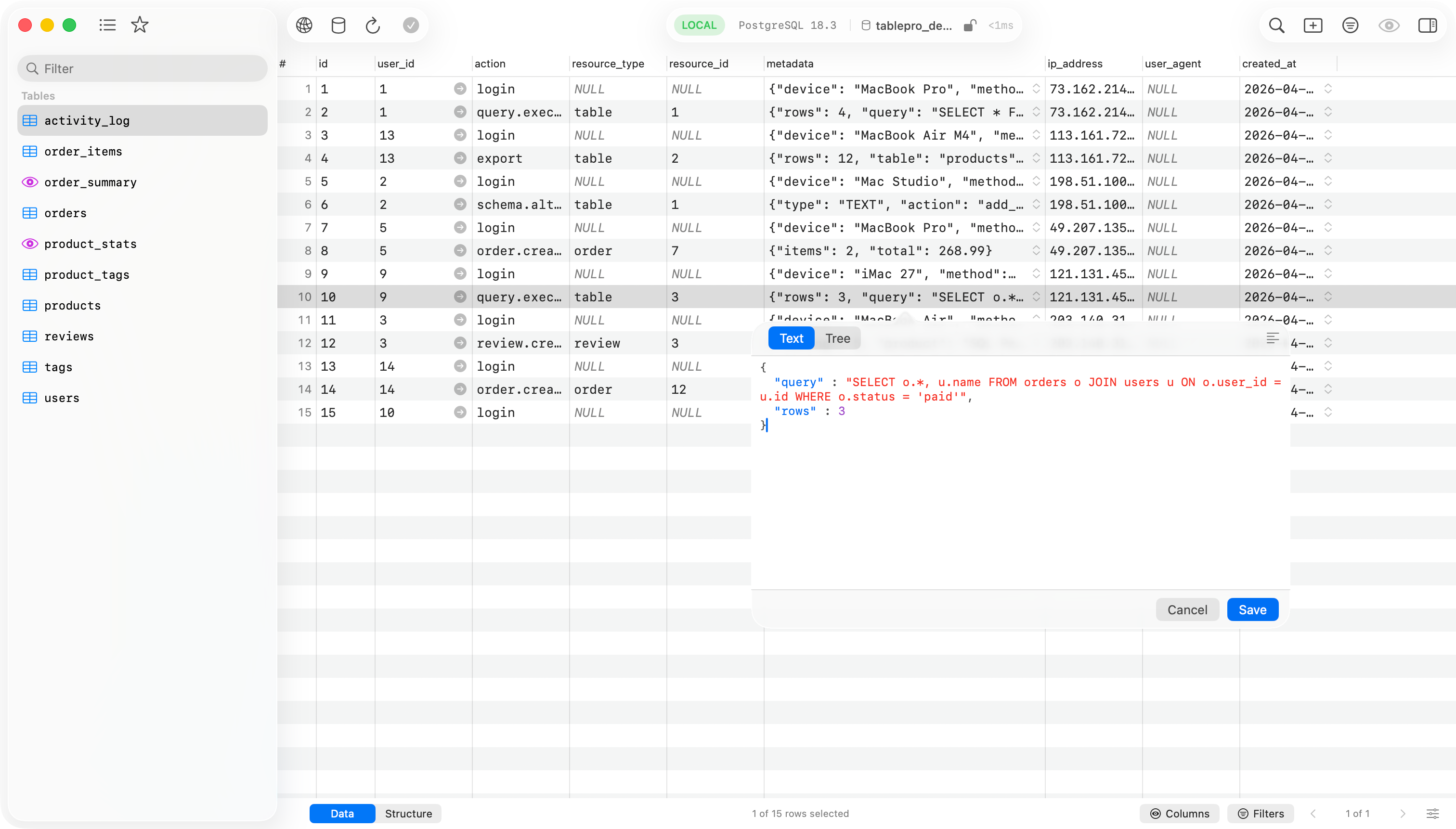 JSON editor popover