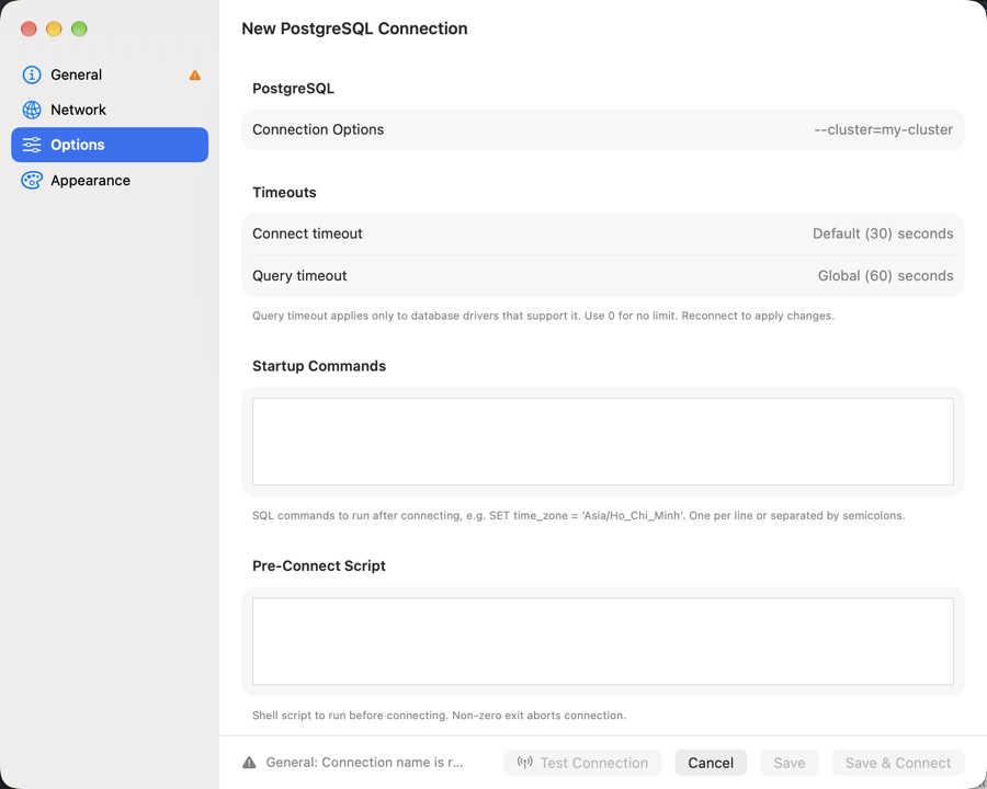 PostgreSQL connection Options pane with Connect timeout and Query timeout fields using their inherited defaults