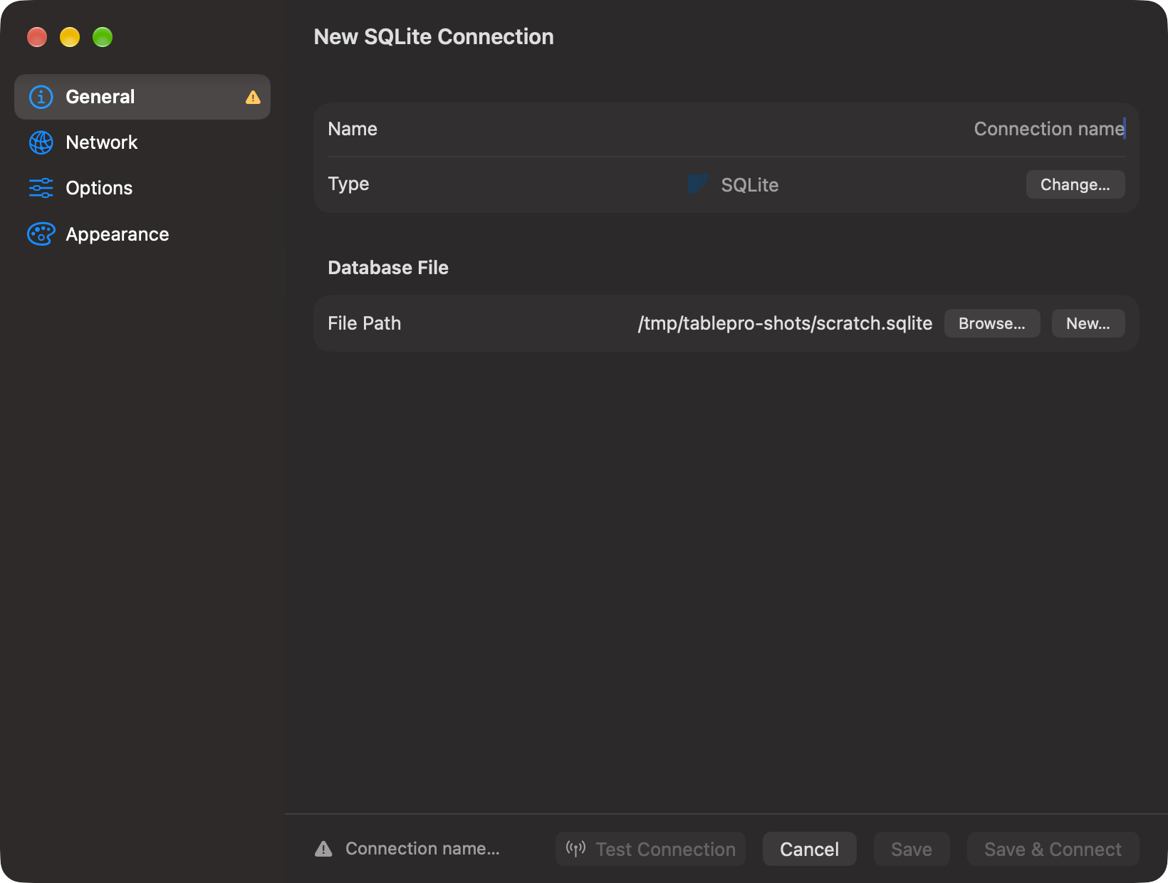 SQLite connection form with a file path, Browse and New buttons