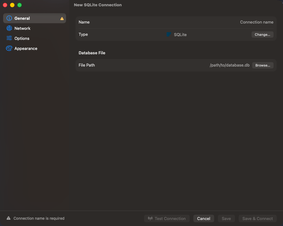 SQLite connection form with file path field