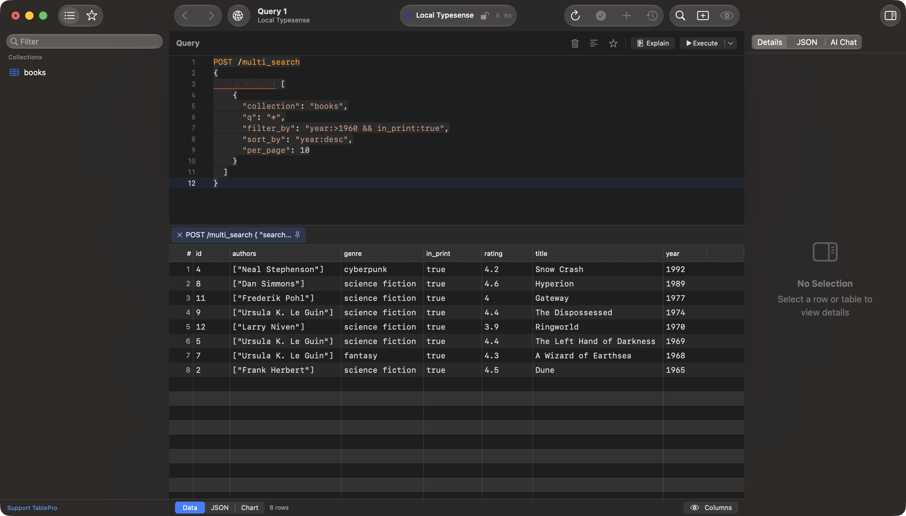 Typesense request console with a multi_search body and a grid of matching documents