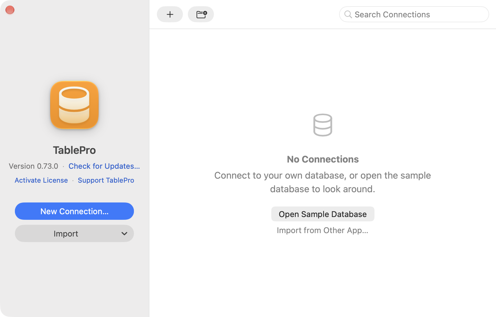 Welcome window with New Connection and Import on the left and an empty connection list offering the sample database