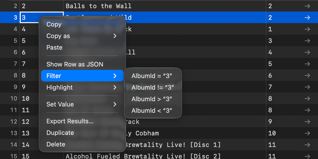Cell context menu with the Filter submenu open, listing AlbumId = 3, != 3, > 3 and < 3