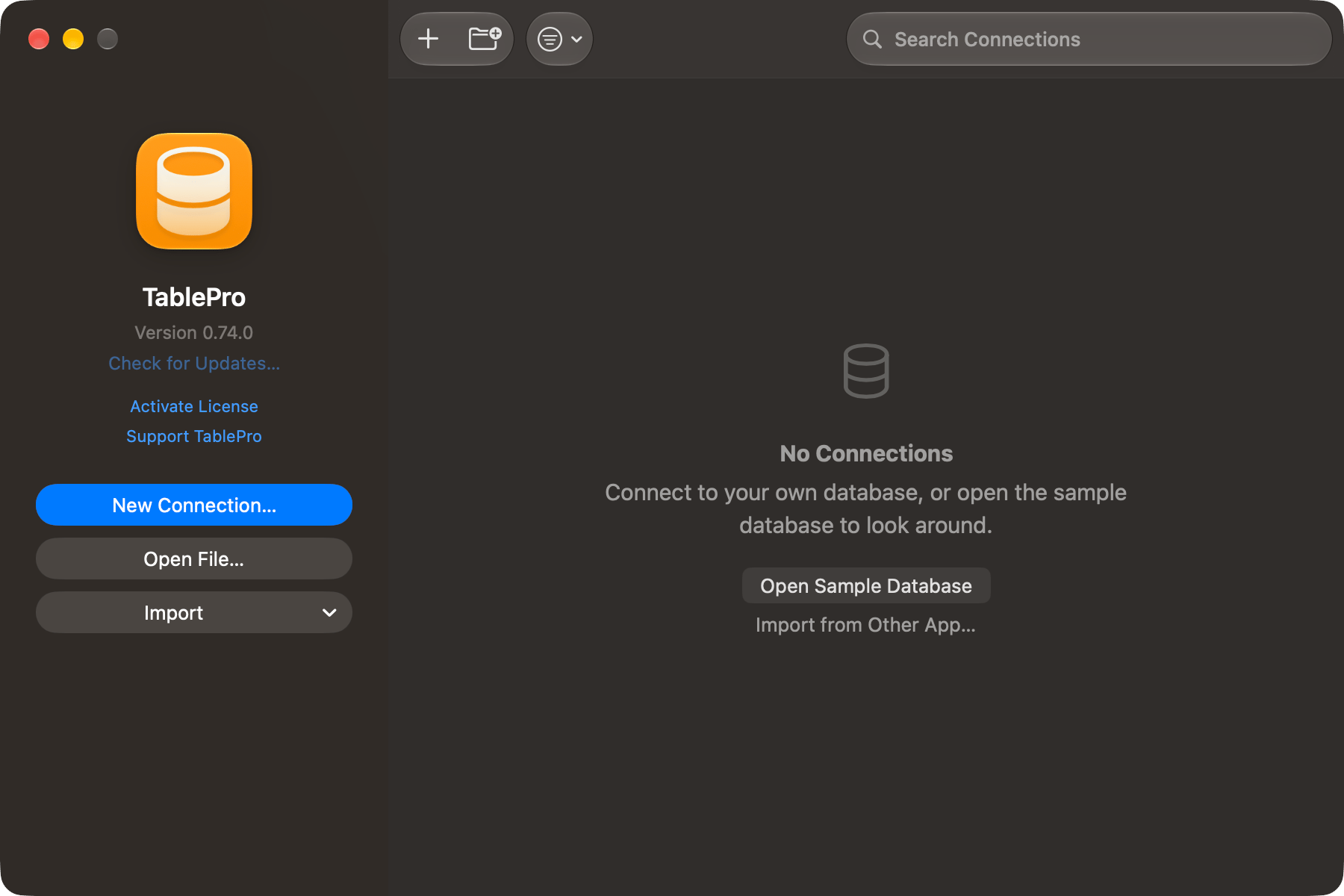 Welcome window with New Connection, Open File and Import on the left, and a search field over an empty connection list offering the sample database