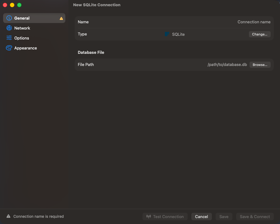SQLite connection form with file path field