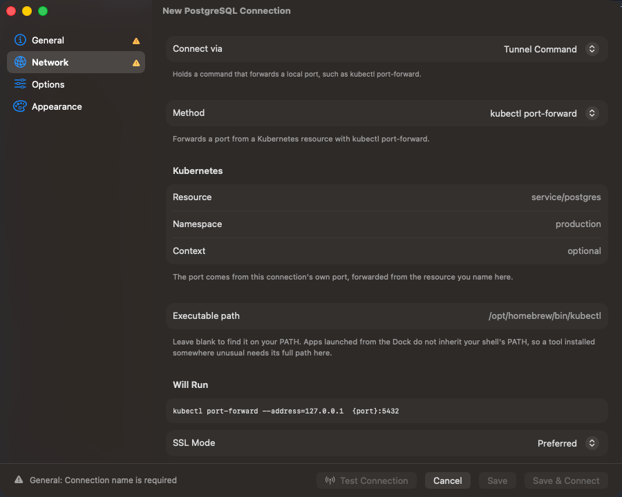 Tunnel Command selected, with the kubectl method, namespace, resource and a Will Run section