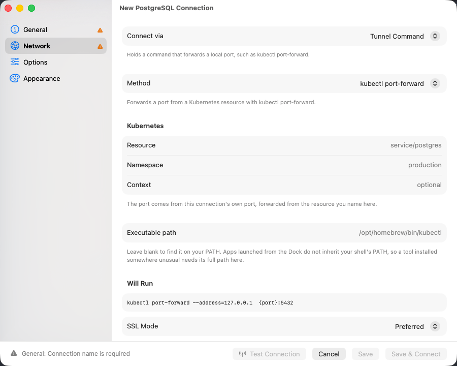 Tunnel Command selected, with the kubectl method, namespace, resource and a Will Run section