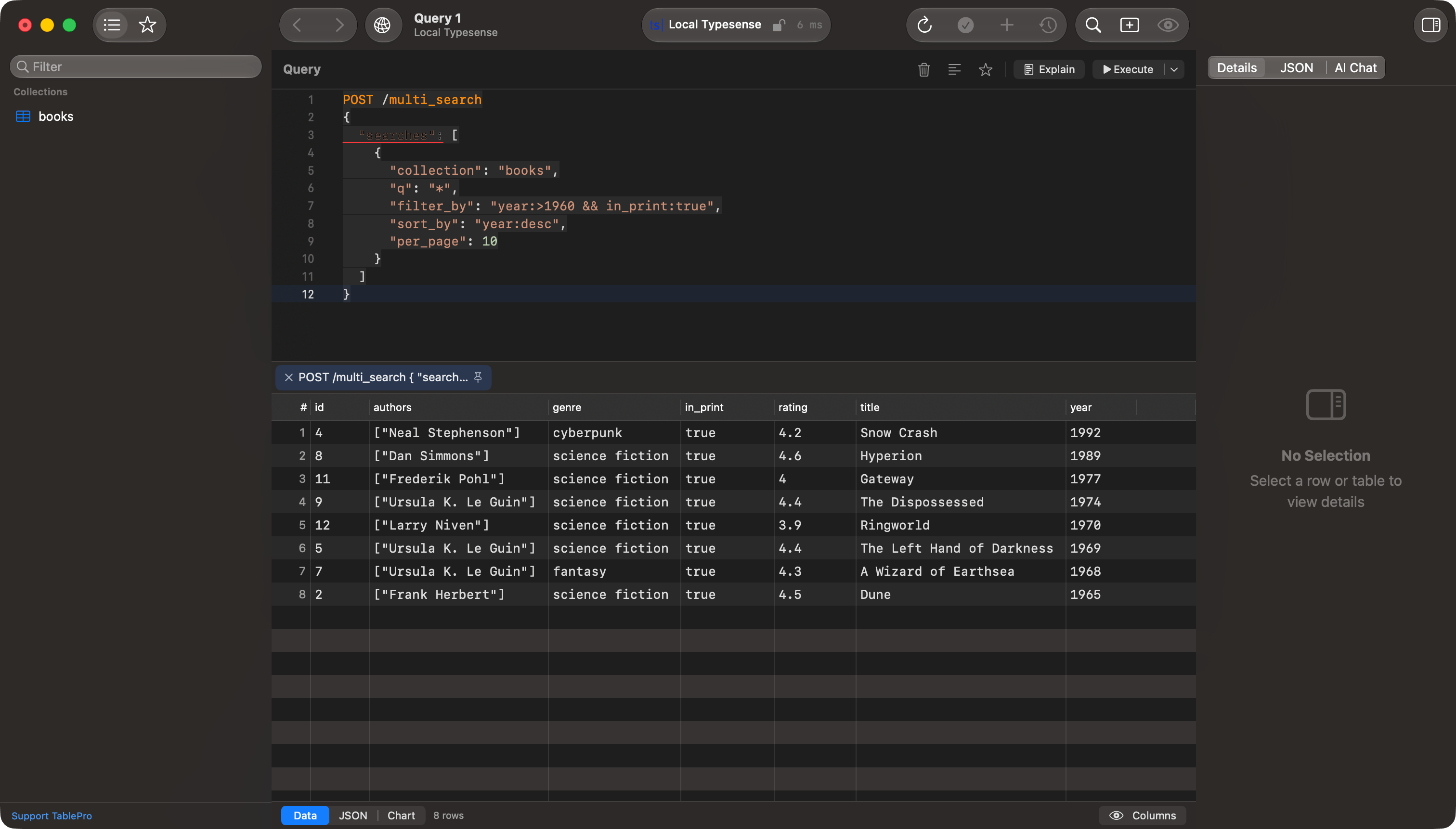 Typesense request console with a multi_search body and a grid of matching documents
