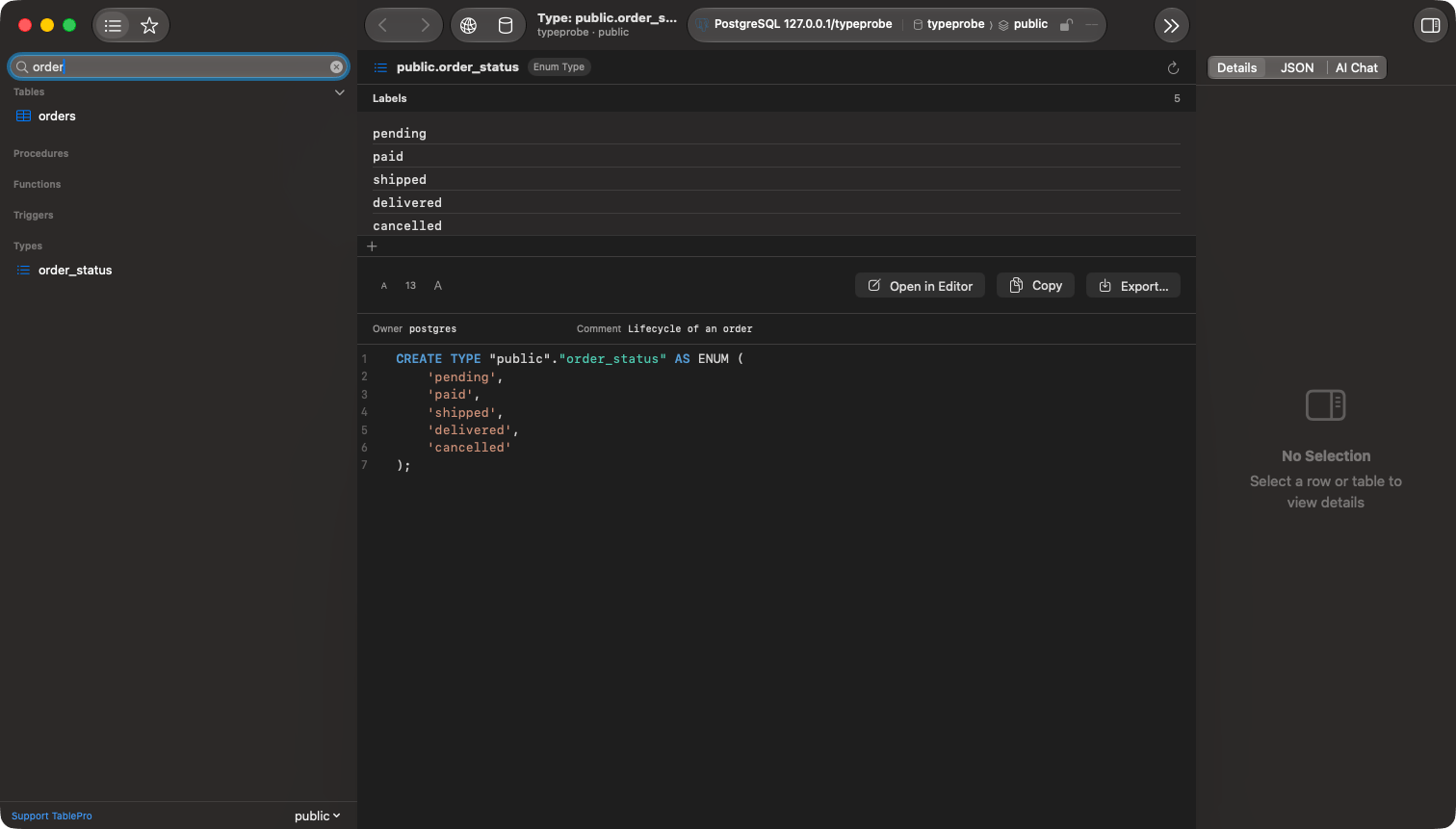 Sidebar tree with the Types section expanded under a PostgreSQL schema, and a tab showing an enum's labels with the rebuilt CREATE TYPE statement under them