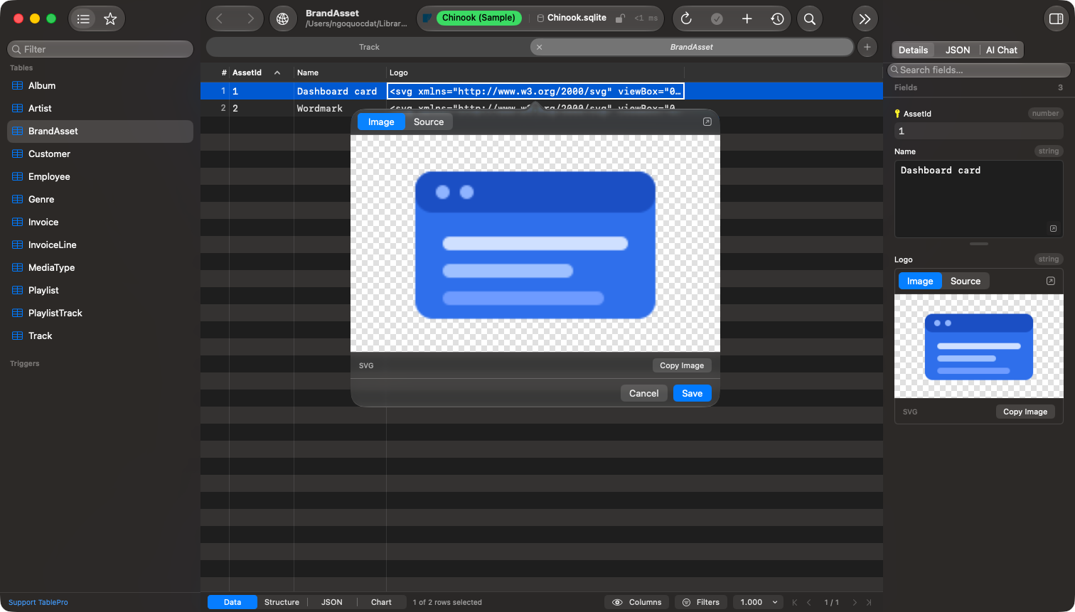 A cell popover and the row inspector each drawing an SVG logo on a transparency checkerboard, both showing Image and Source segments
