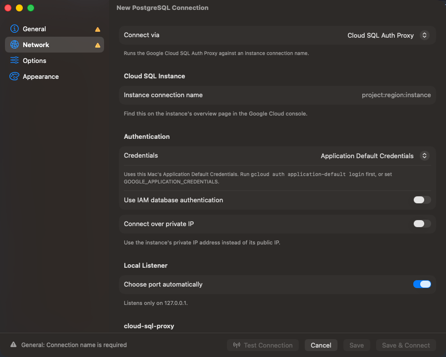 Instance connection name, authentication and local listener fields