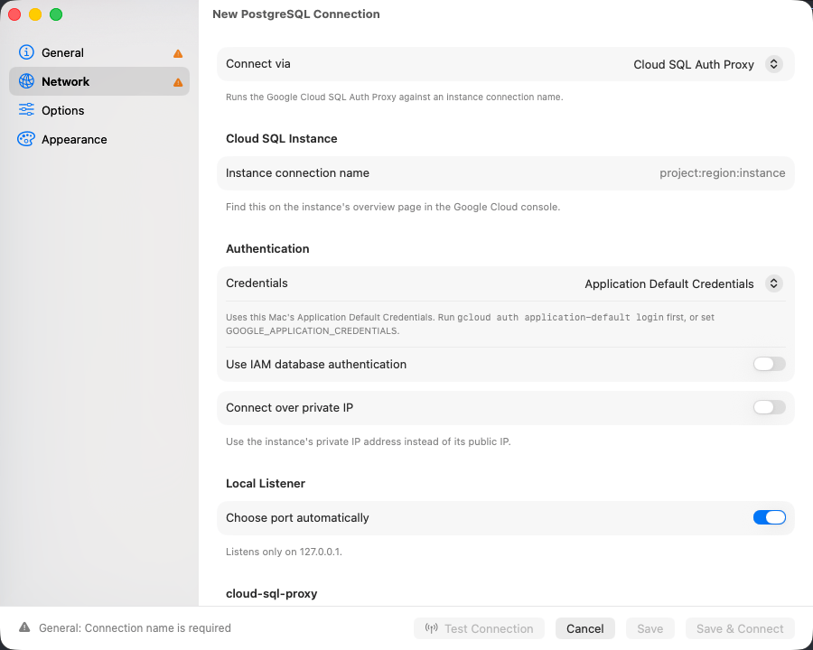 Instance connection name, authentication and local listener fields