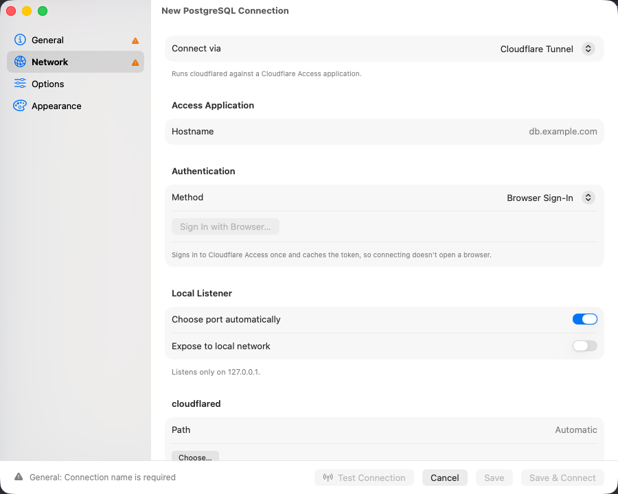 Access hostname, authentication method and local listener fields