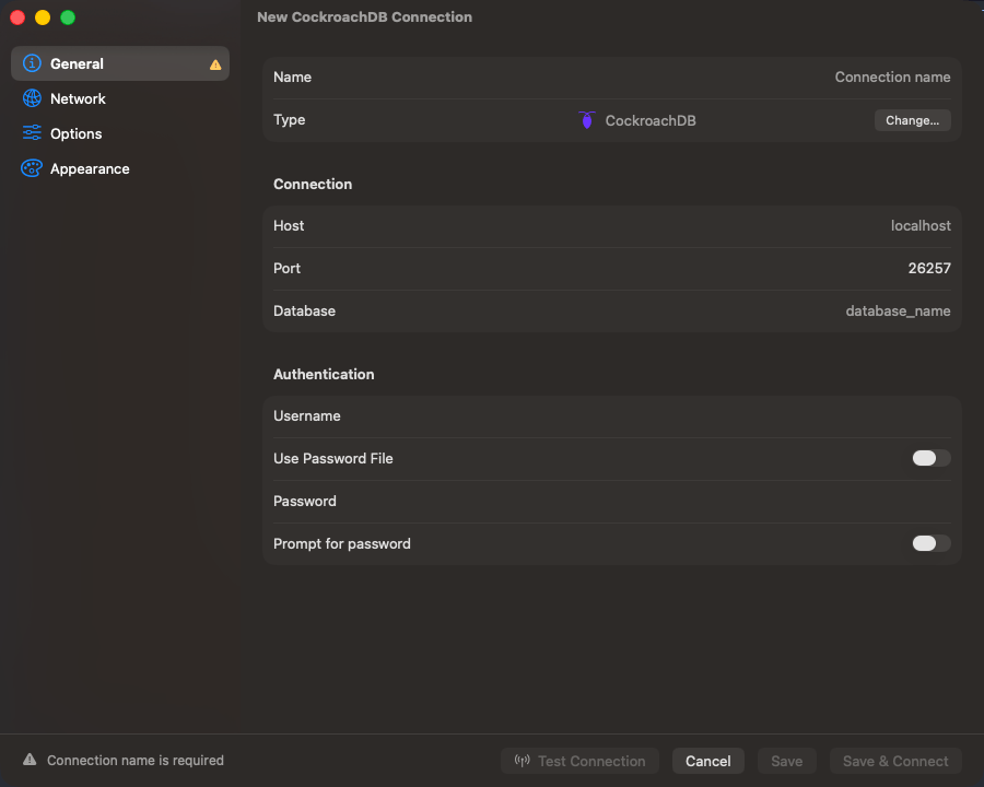 CockroachDB connection form