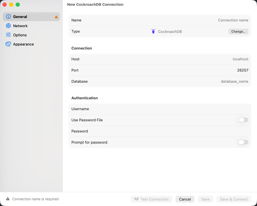 CockroachDB connection form