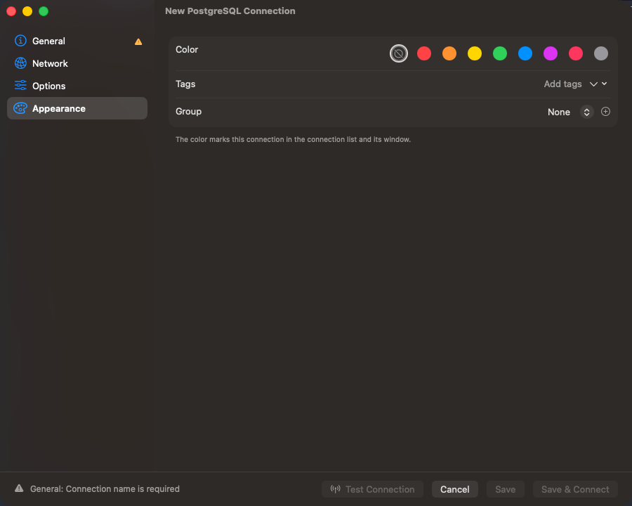 Color swatches, a tag field and a group picker