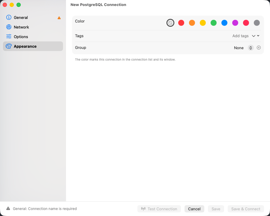 Color swatches, a tag field and a group picker