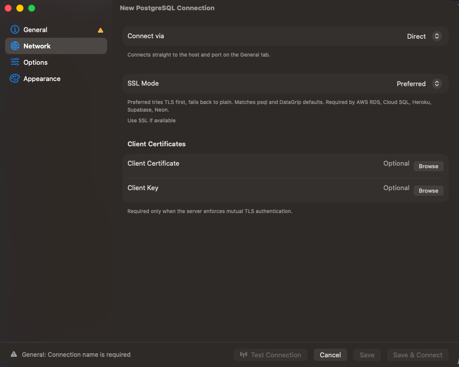SSL mode and certificate settings in the connection form