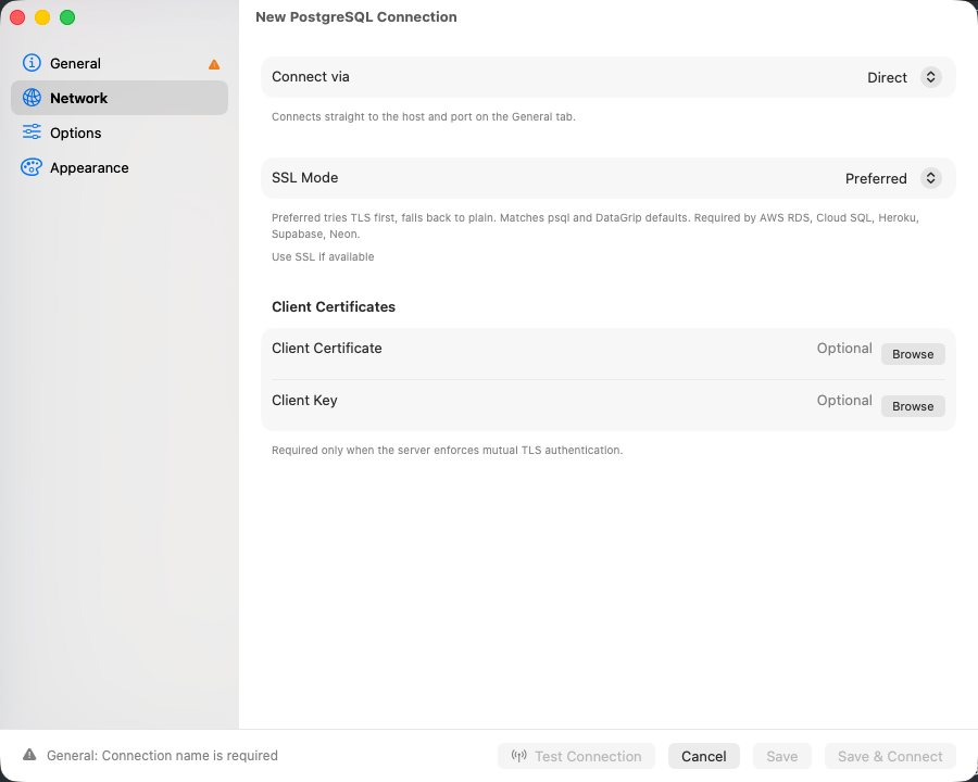 SSL mode and certificate settings in the connection form