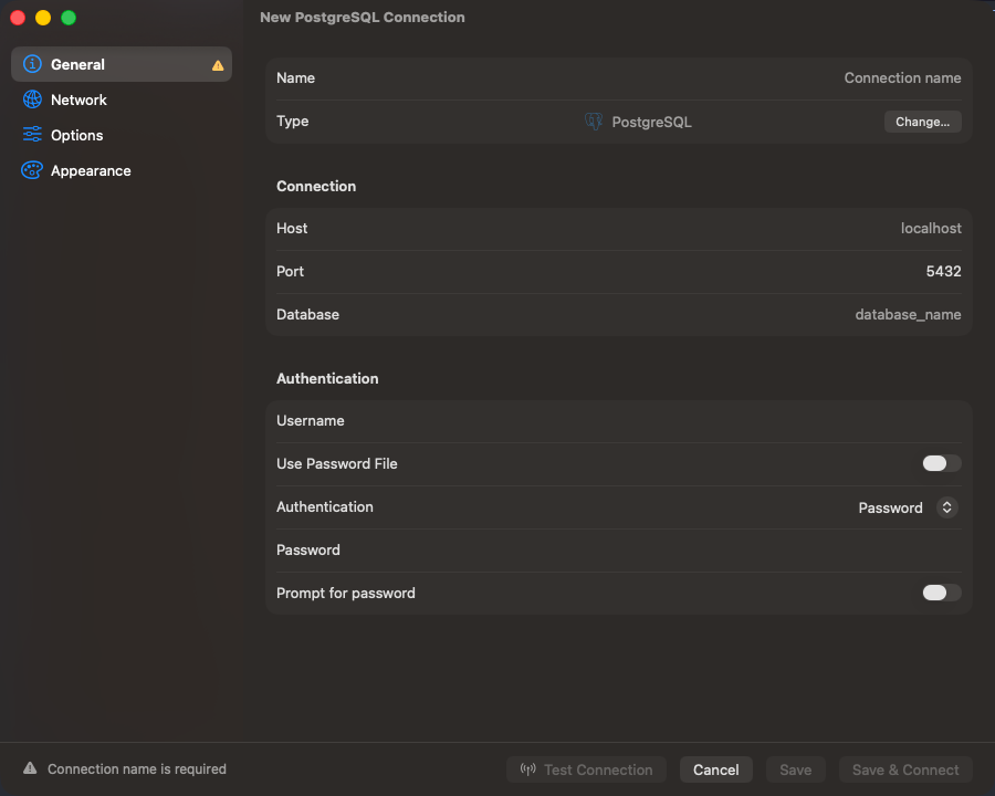 PostgreSQL connection form
