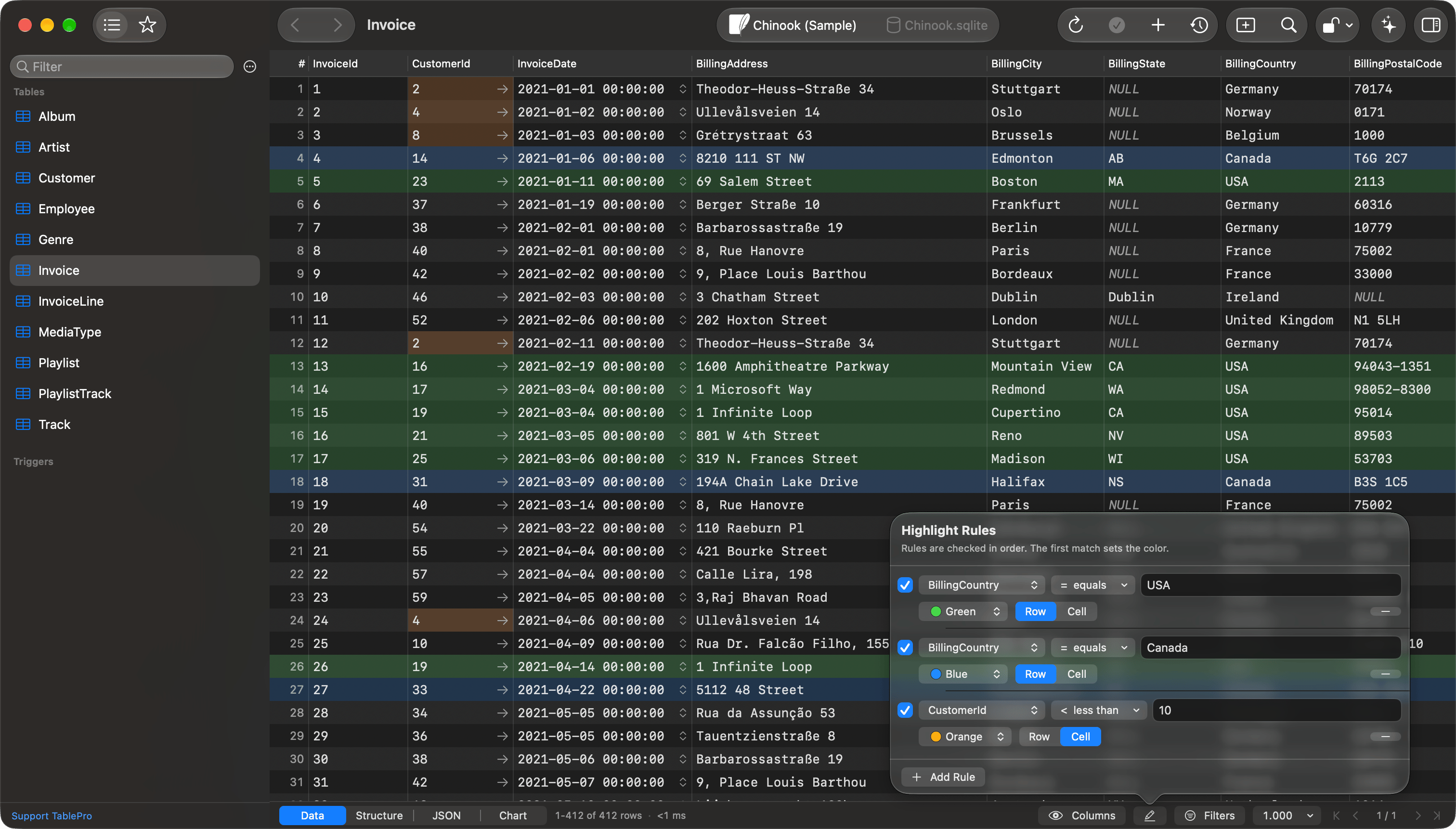 Highlight Rules popover listing three rules over an Invoice grid with tinted rows and cells